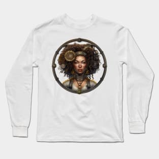 Steampunk Beauty: A Stunning Brown Woman in Gear-Adorned Afro Long Sleeve T-Shirt